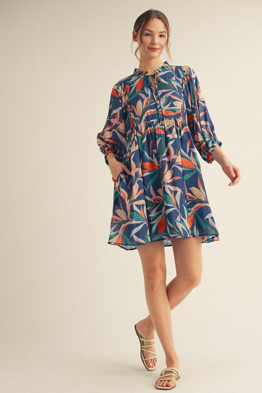 Navy Leaf Print Front Tie 3/4 Sleeve Dress