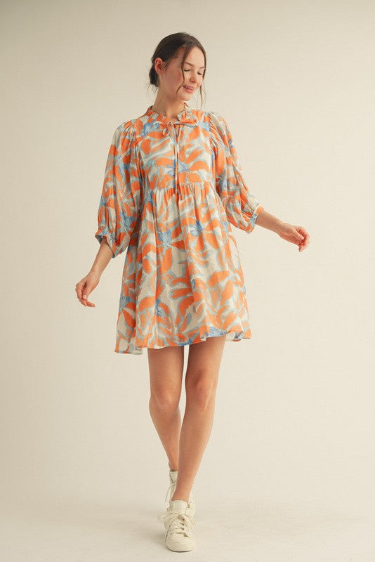 Orange Abstract Floral Front Tie 3/4 Sleeve Dress