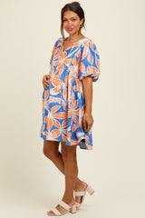 Royal Blue Floral Front Tie Puff Sleeve Maternity Dress