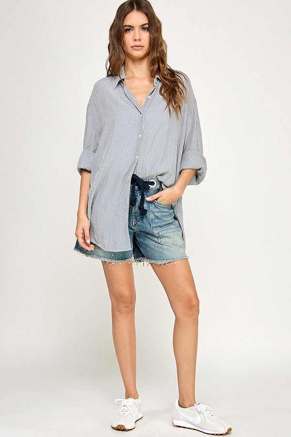 Blue Striped Oversized Button Down Shirt