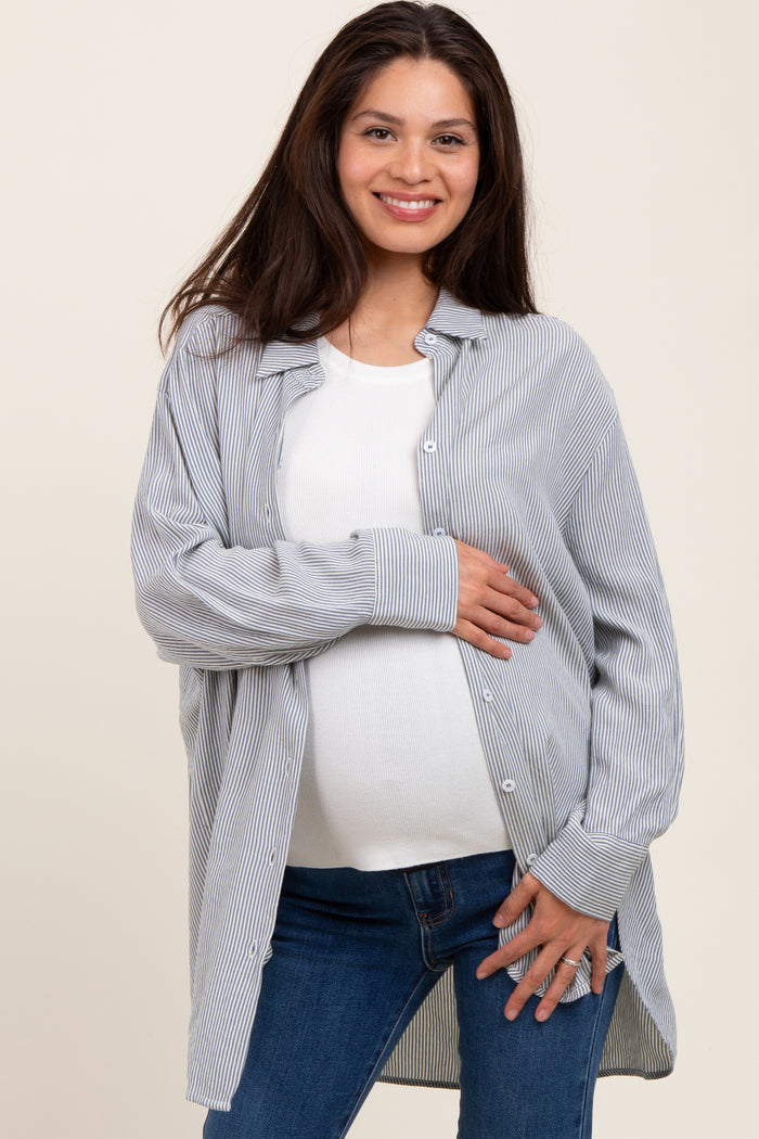 Blue Striped Oversized Maternity Button Down Shirt
