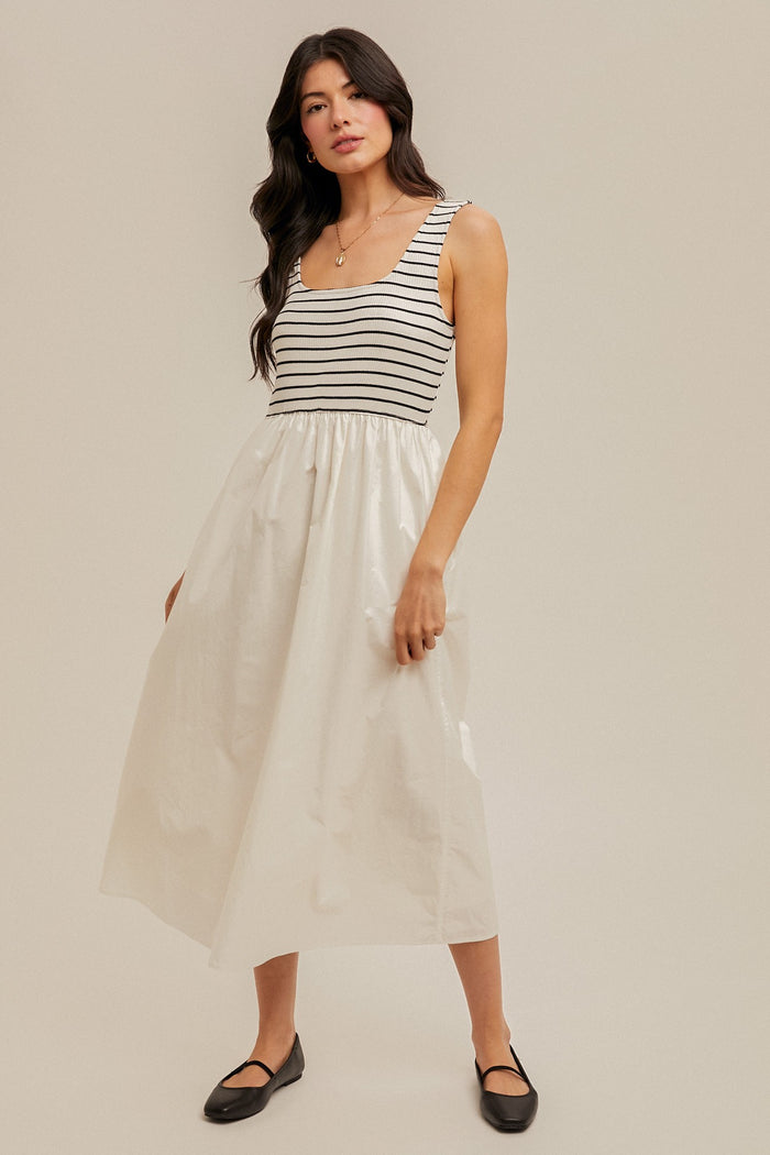 White Striped Contrast Sleeveless Maternity Midi Dress