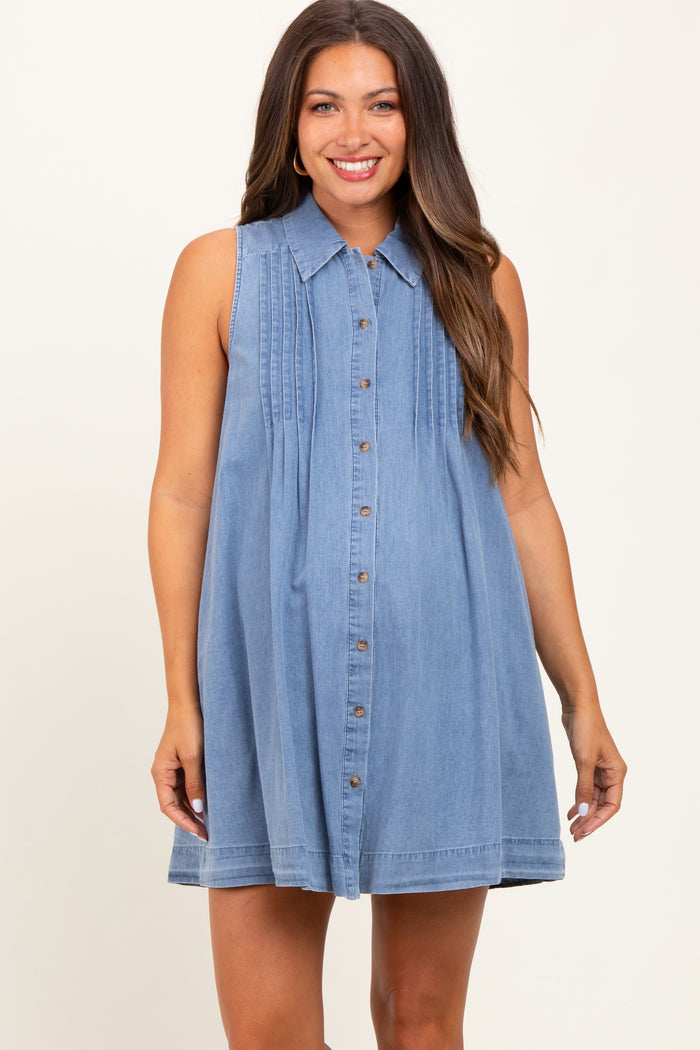 Blue Chambray Pleat Detail Sleeveless Maternity Shirt Dress