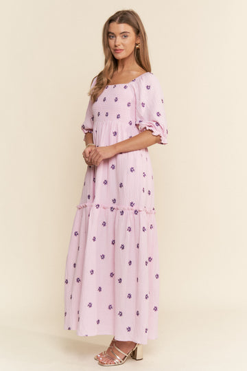Lavender Floral Smocked Puff Sleeve Maxi Dress