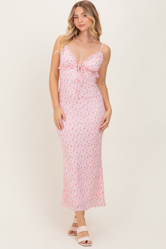 Light Pink Rose Print Jacquard Front Tie Cutout Maxi Dress