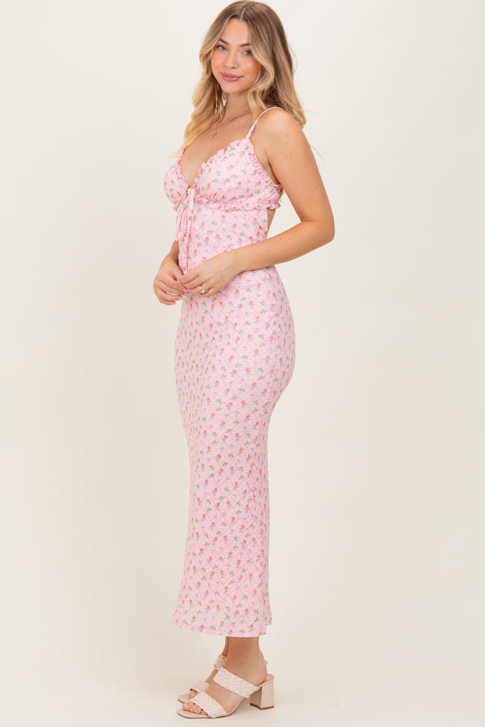 Light Pink Rose Print Jacquard Front Tie Cutout Maxi Dress