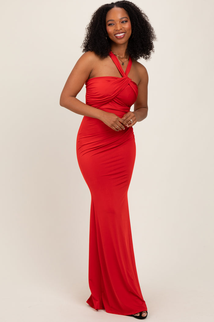 Red Twist Front Ruched Maternity Maxi Dress