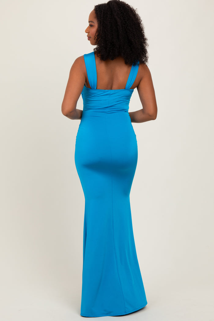 Turquoise Twist Front Ruched Maxi Dress