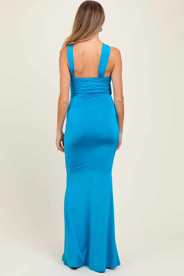 Turquoise Twist Front Ruched Maternity Maxi Dress
