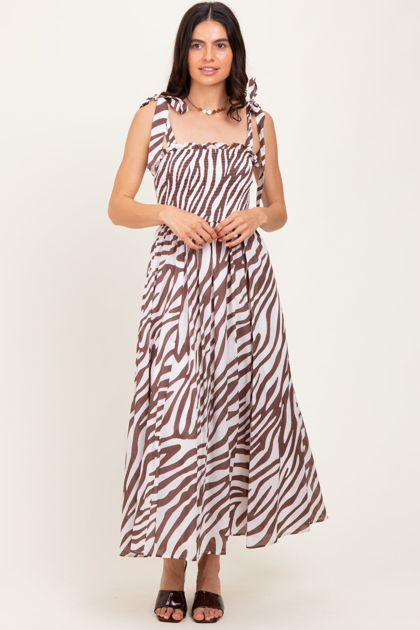 Brown Animal Print Smocked Shoulder Tie Maternity Midi Dress