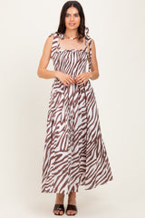 Brown Animal Print Smocked Shoulder Tie Maternity Midi Dress
