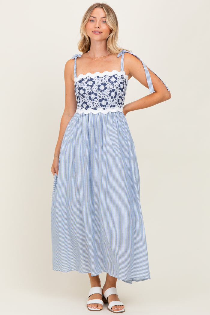 Blue Striped Floral Lace Sleeveless Maternity Midi Dress