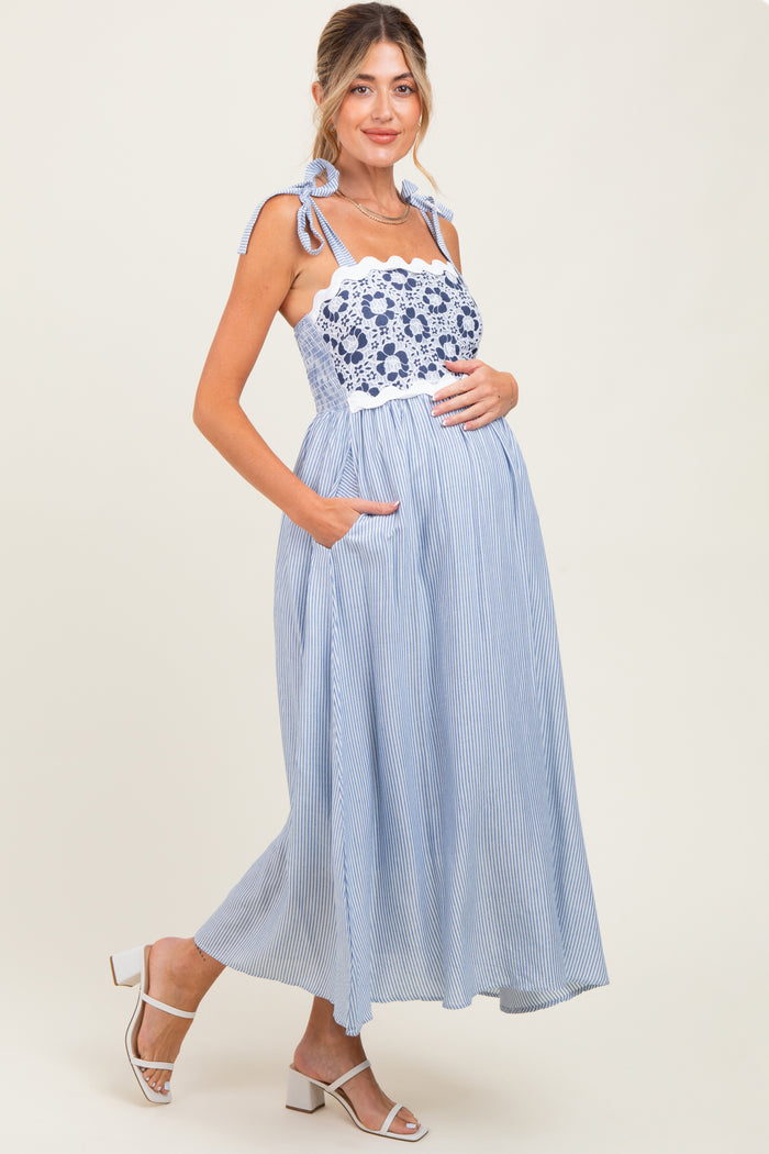 Blue Striped Floral Lace Sleeveless Maternity Midi Dress