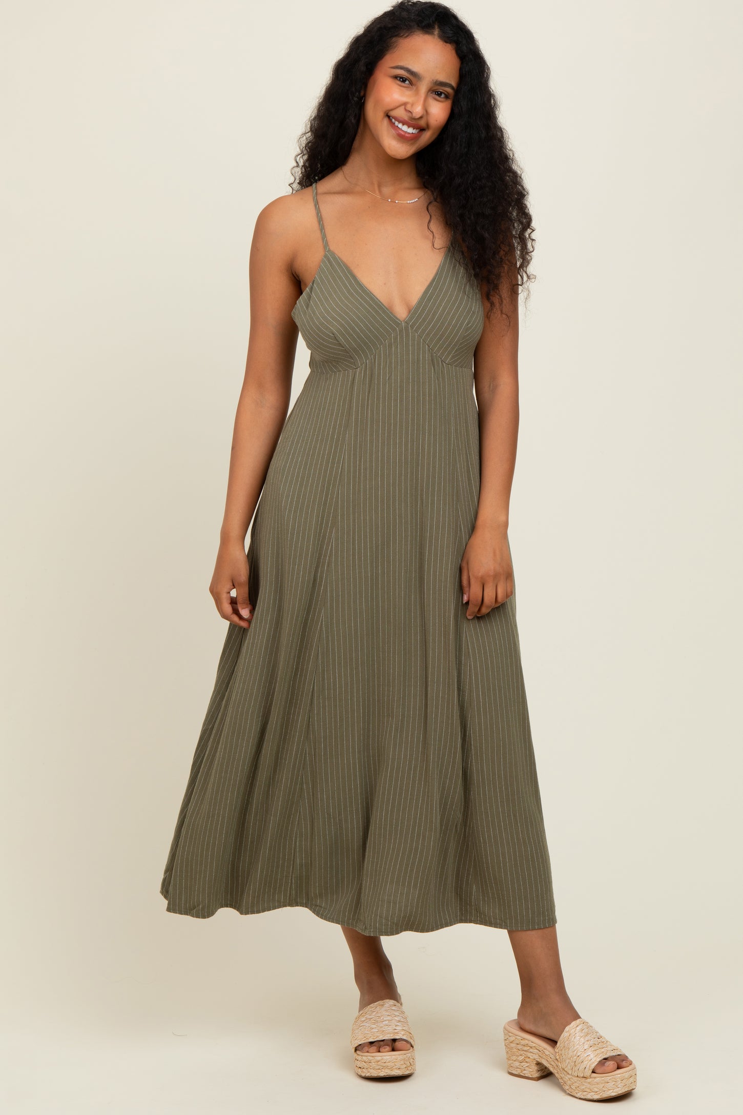 Olive/White Linen Striped Midi Dress