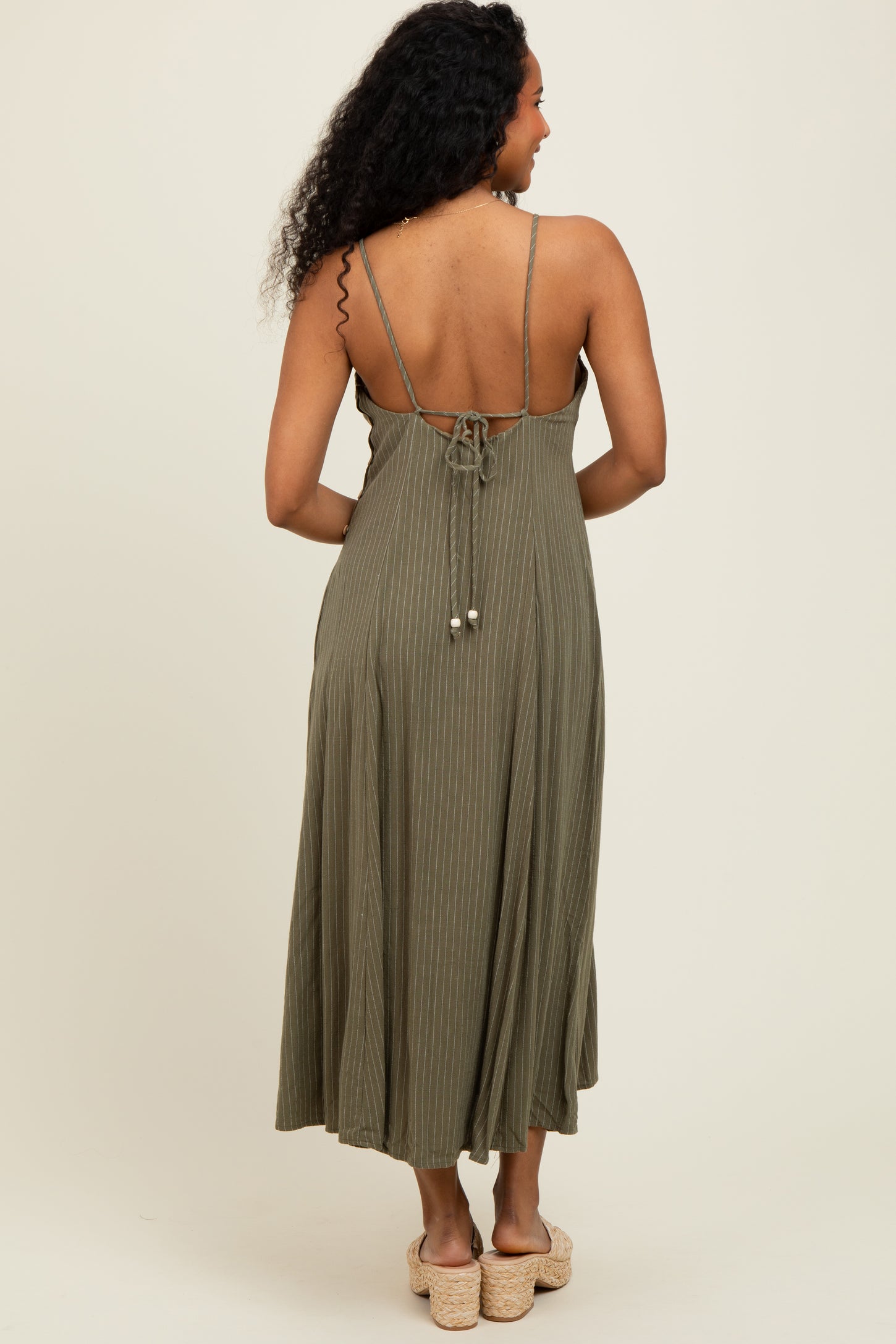 Olive/White Linen Striped Midi Dress