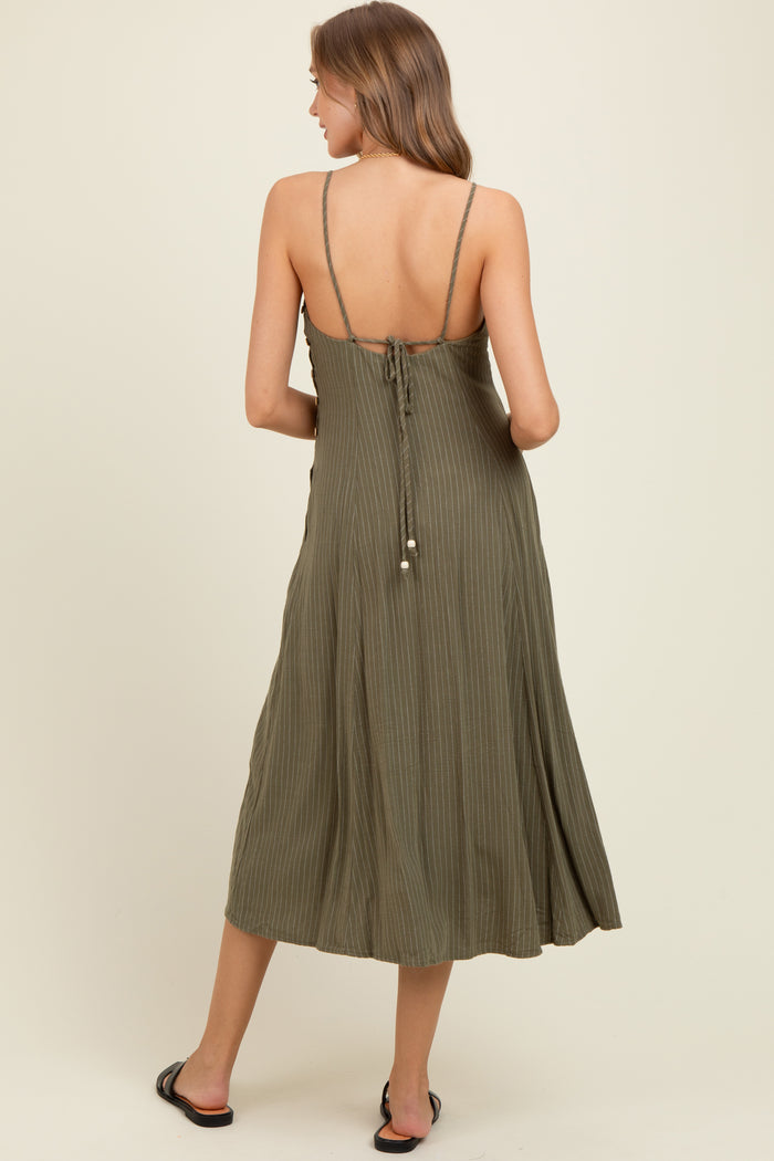Olive/White Linen Striped Maternity Midi Dress