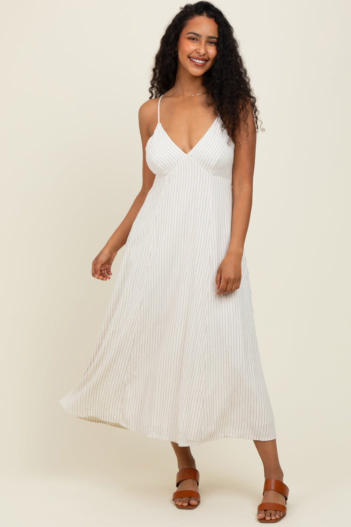 Ivory/Black Linen Striped Midi Dress