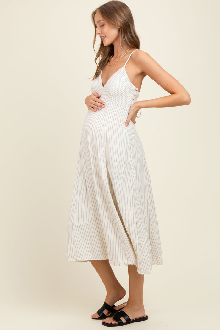 Ivory/Black Linen Striped Maternity Midi Dress