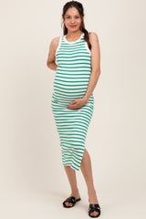Green/White Striped Sleeveless Fitted Maternity Midi Dress