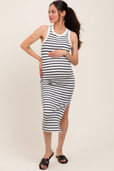 White/Black Striped Sleeveless Fitted Maternity Midi Dress