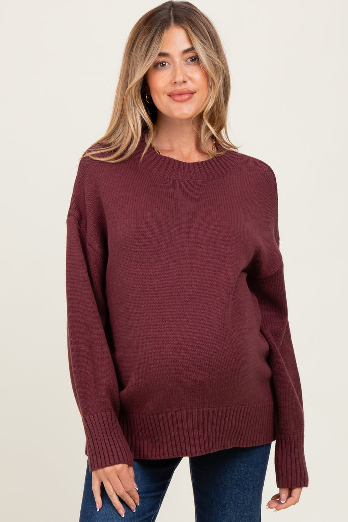 Burgundy Drop Shoulder Oversized Maternity Sweater