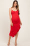 Red Ruched Ruffle Detail Sleeveless Maternity Midi Dress