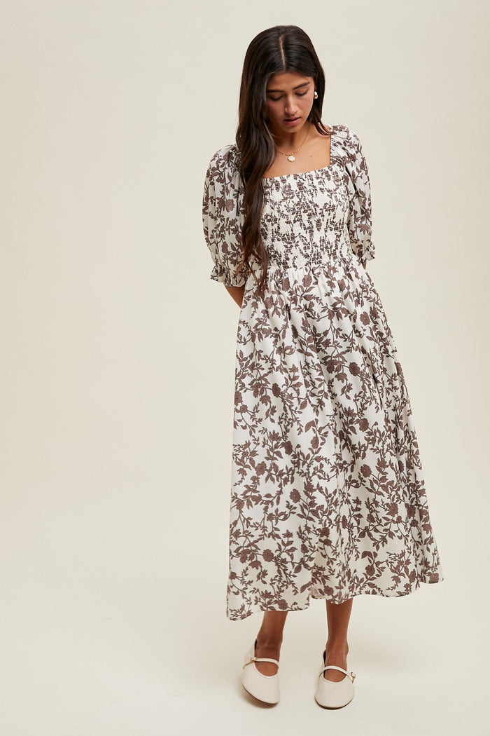 Brown Floral Smocked Puff Sleeve Midi Dress