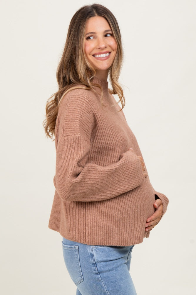 Mocha High Neck Ribbed Knit Maternity Sweater
