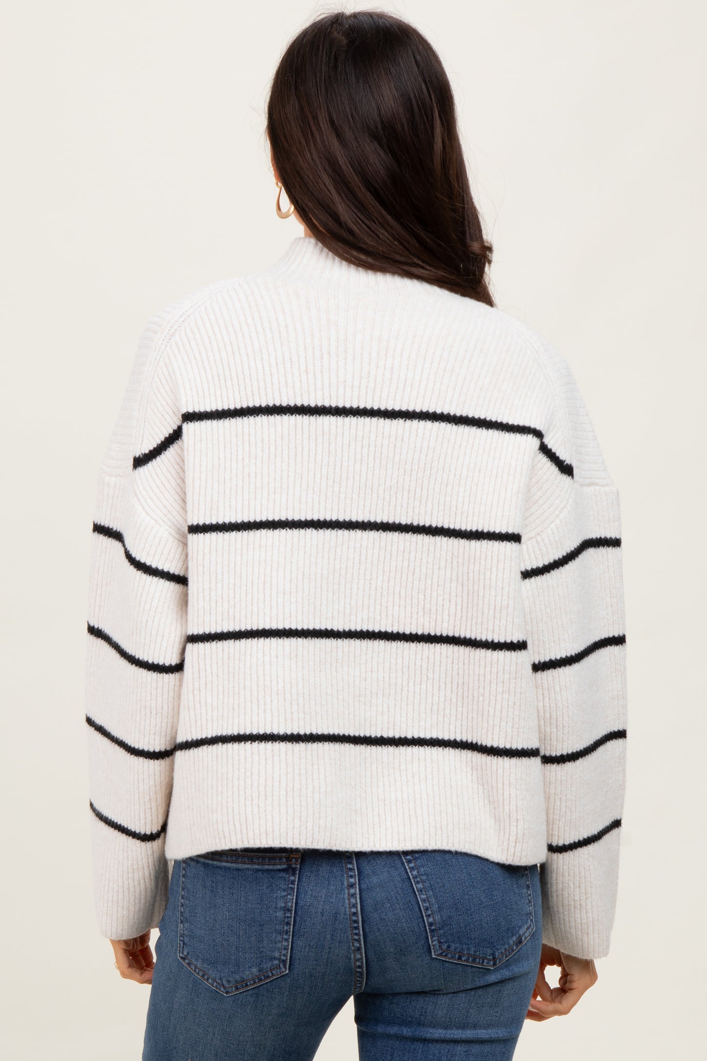 Cream High Neck Ribbed Knit Sweater