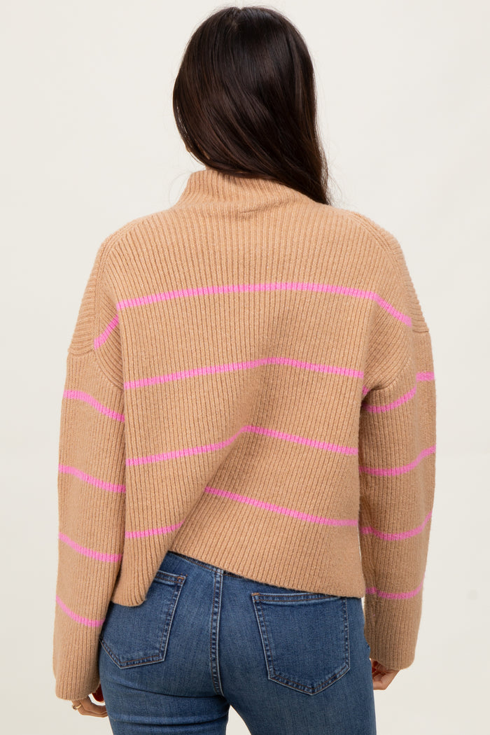 Taupe High Neck Ribbed Knit Sweater