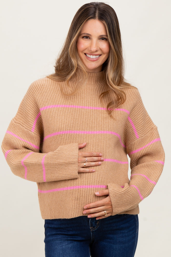 Taupe High Neck Ribbed Knit Maternity Sweater