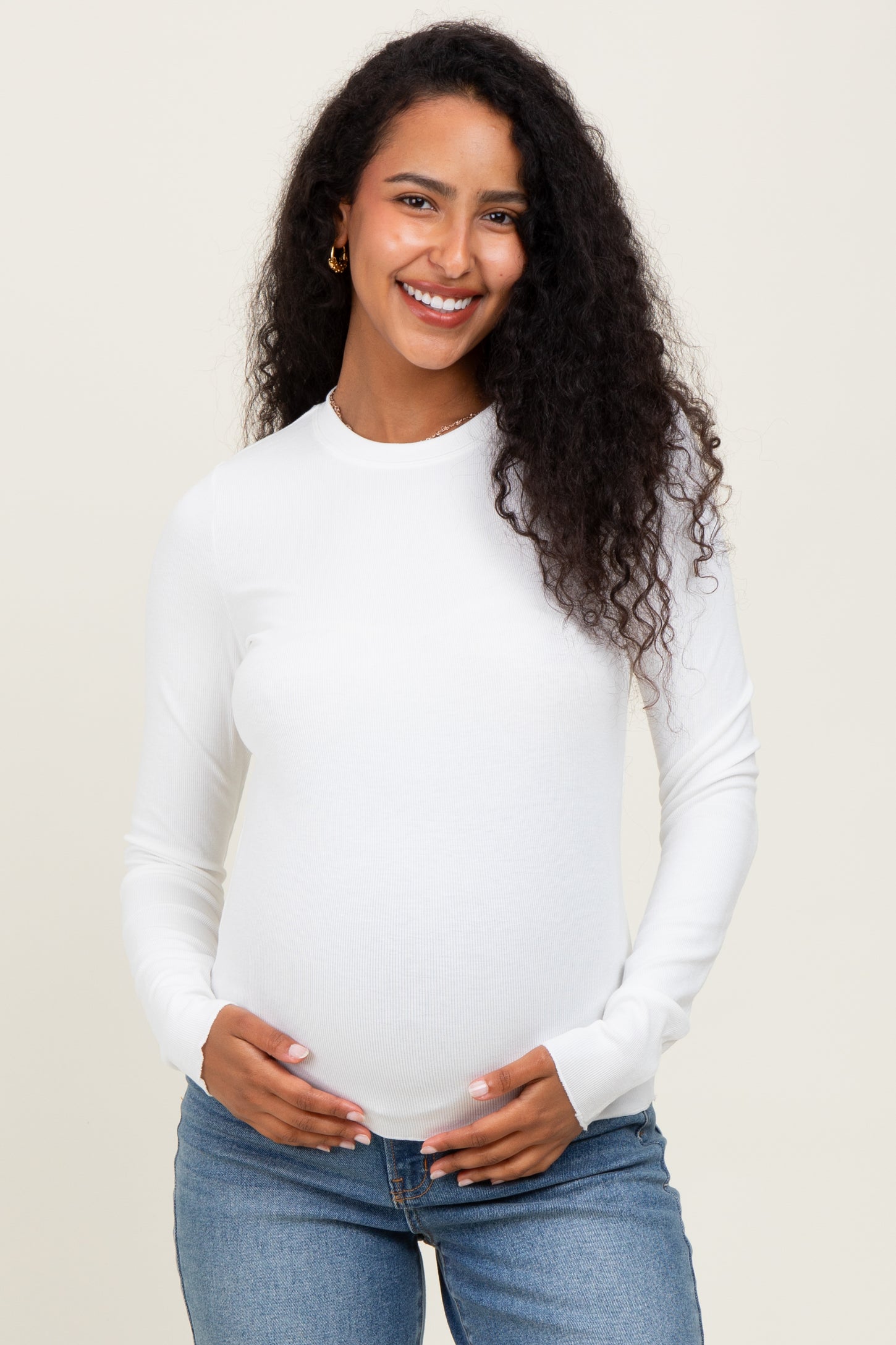 White Basic Ribbed Knit Long Sleeve Maternity Top