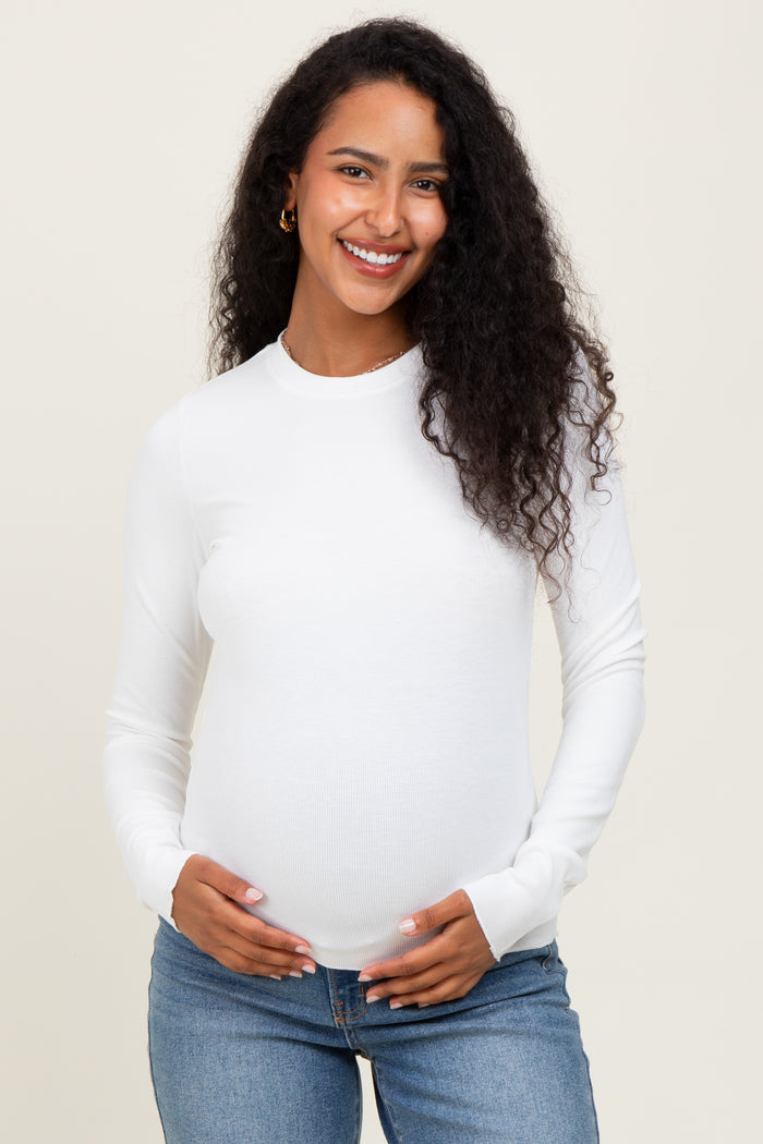 White Basic Ribbed Knit Long Sleeve Maternity Top