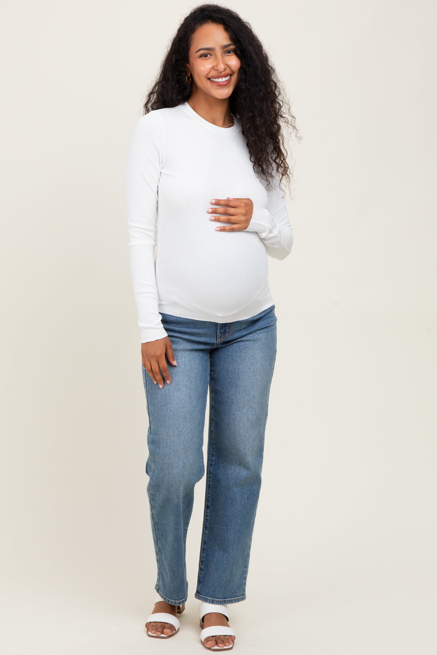 White Basic Ribbed Knit Long Sleeve Maternity Top