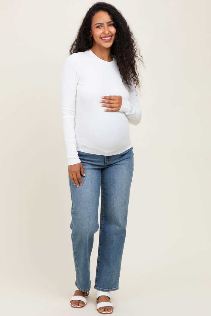 White Basic Ribbed Knit Long Sleeve Maternity Top
