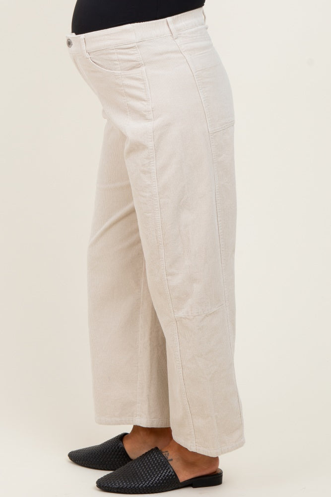 Beige Corduroy Wide Leg Maternity Pants