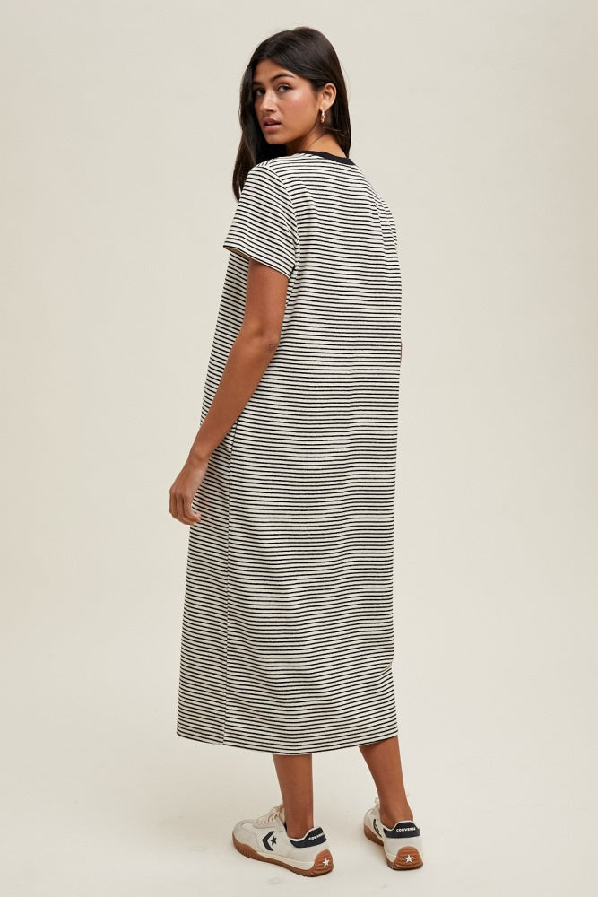 Black Striped Short Sleeve Midi T-Shirt Dress