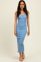 Light Blue Smocked Sleeveless Ruffle Hem Fitted Dress