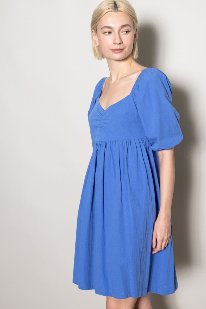 Blue Sweetheart Neckline Puff Sleeve Dress