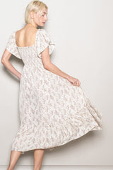 Cream Floral Smocked Lace Trim Flutter Sleeve Midi Dress