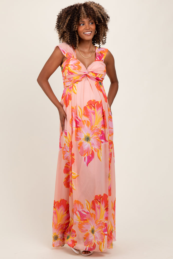 Peach Floral Chiffon Off Shoulder Maternity Maxi Dress