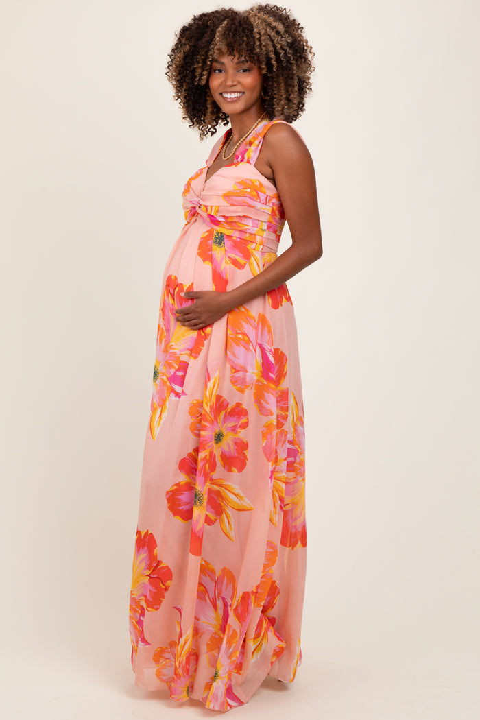 Peach Floral Chiffon Off Shoulder Maternity Maxi Dress