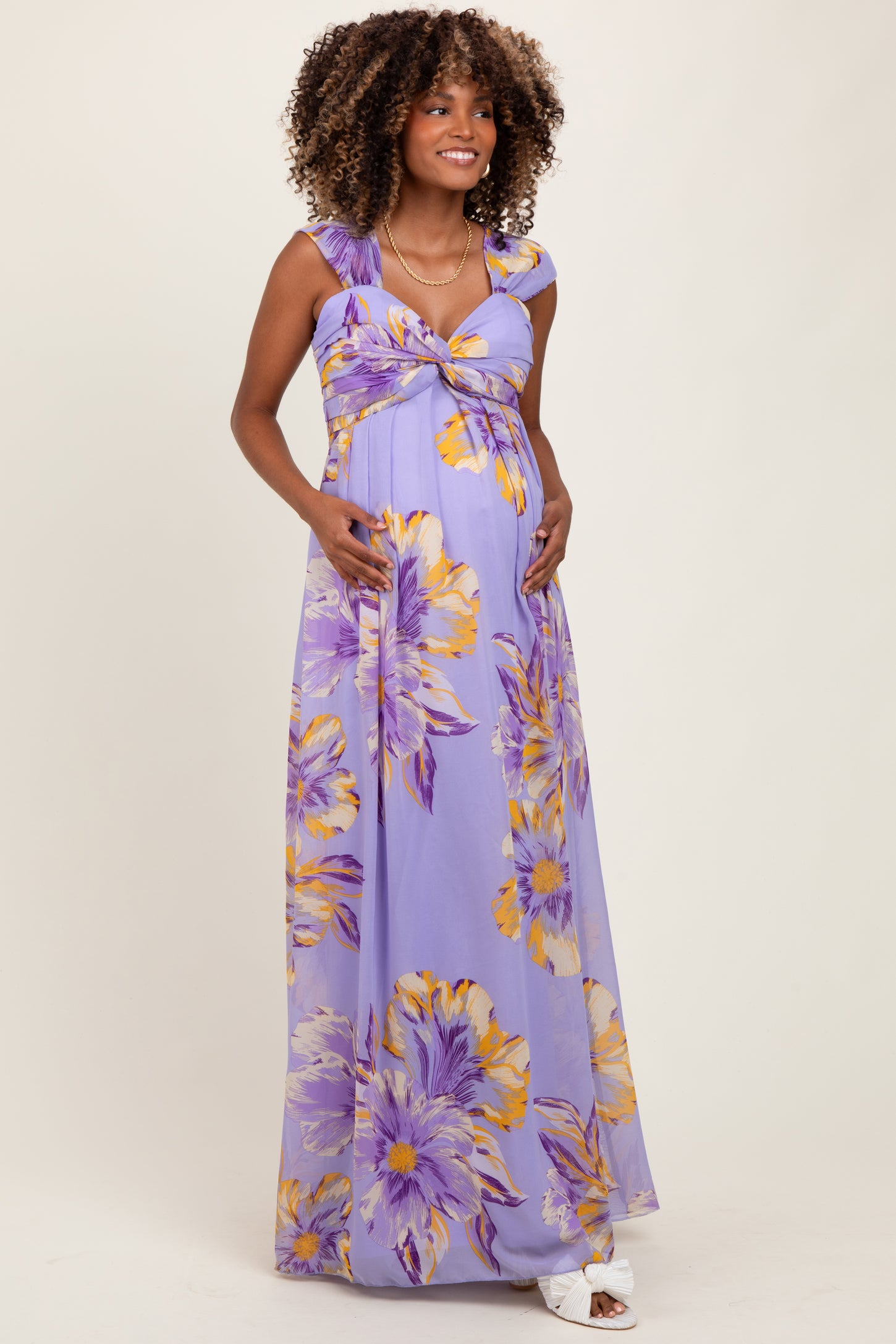 Lavender Floral Chiffon Off Shoulder Maternity Maxi Dress