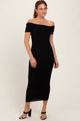 Black Off Shoulder Ruched Midi Dress