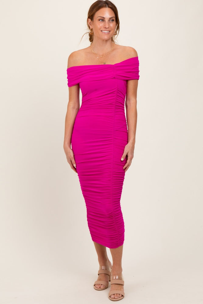 Fuchsia Off Shoulder Ruched Maternity Midi Dress