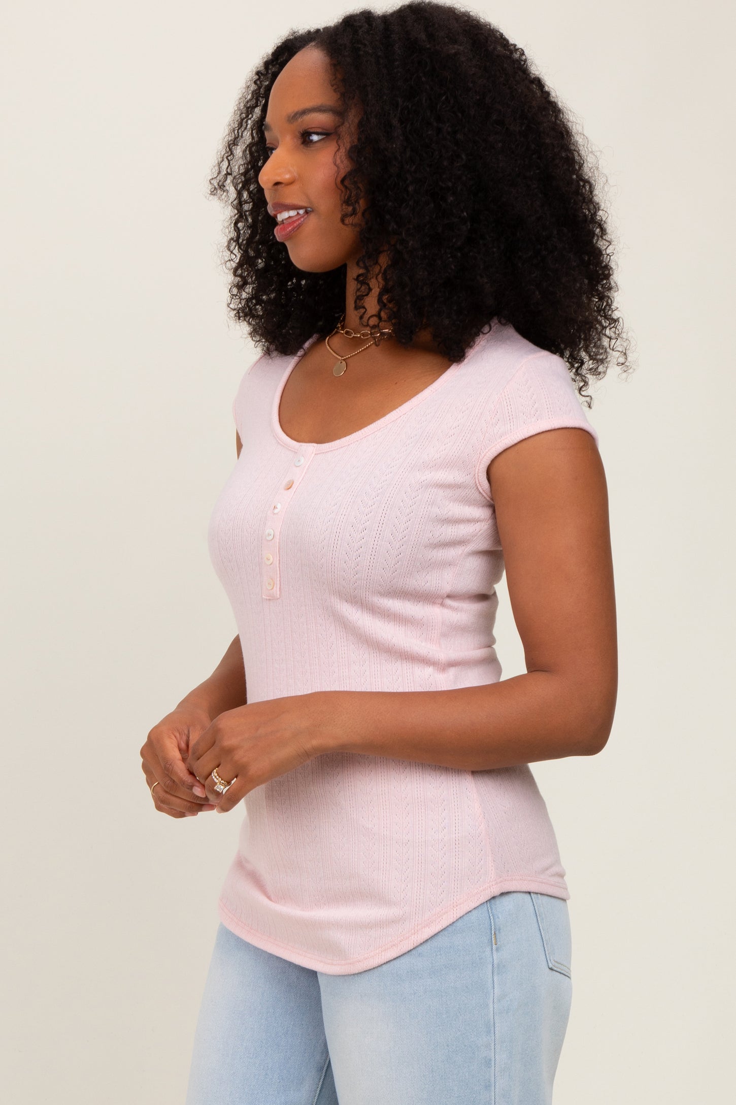 Light Pink Jacquard Button Front Short Sleeve Top