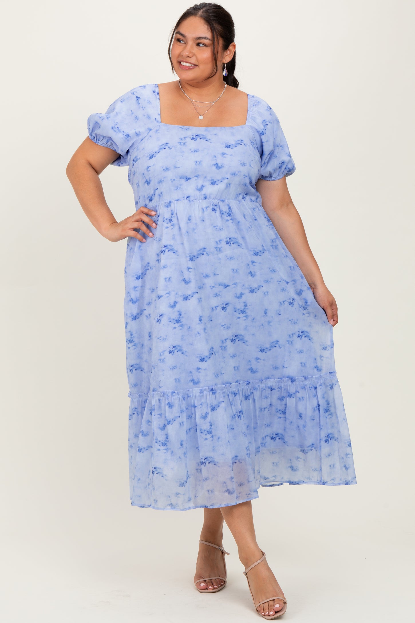 Blue Abstract Puff Sleeve Ruffle Detail Plus Midi Dress