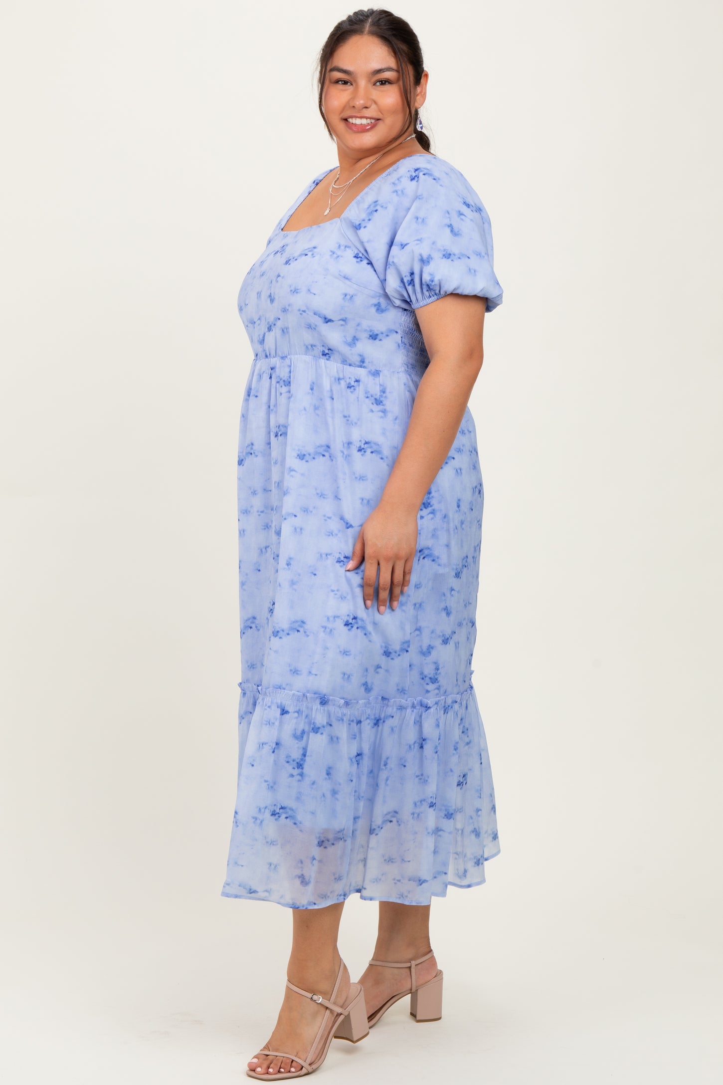 Blue Abstract Puff Sleeve Ruffle Detail Plus Midi Dress