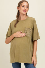 Olive Mineral Wash Crochet Pocket Maternity Top