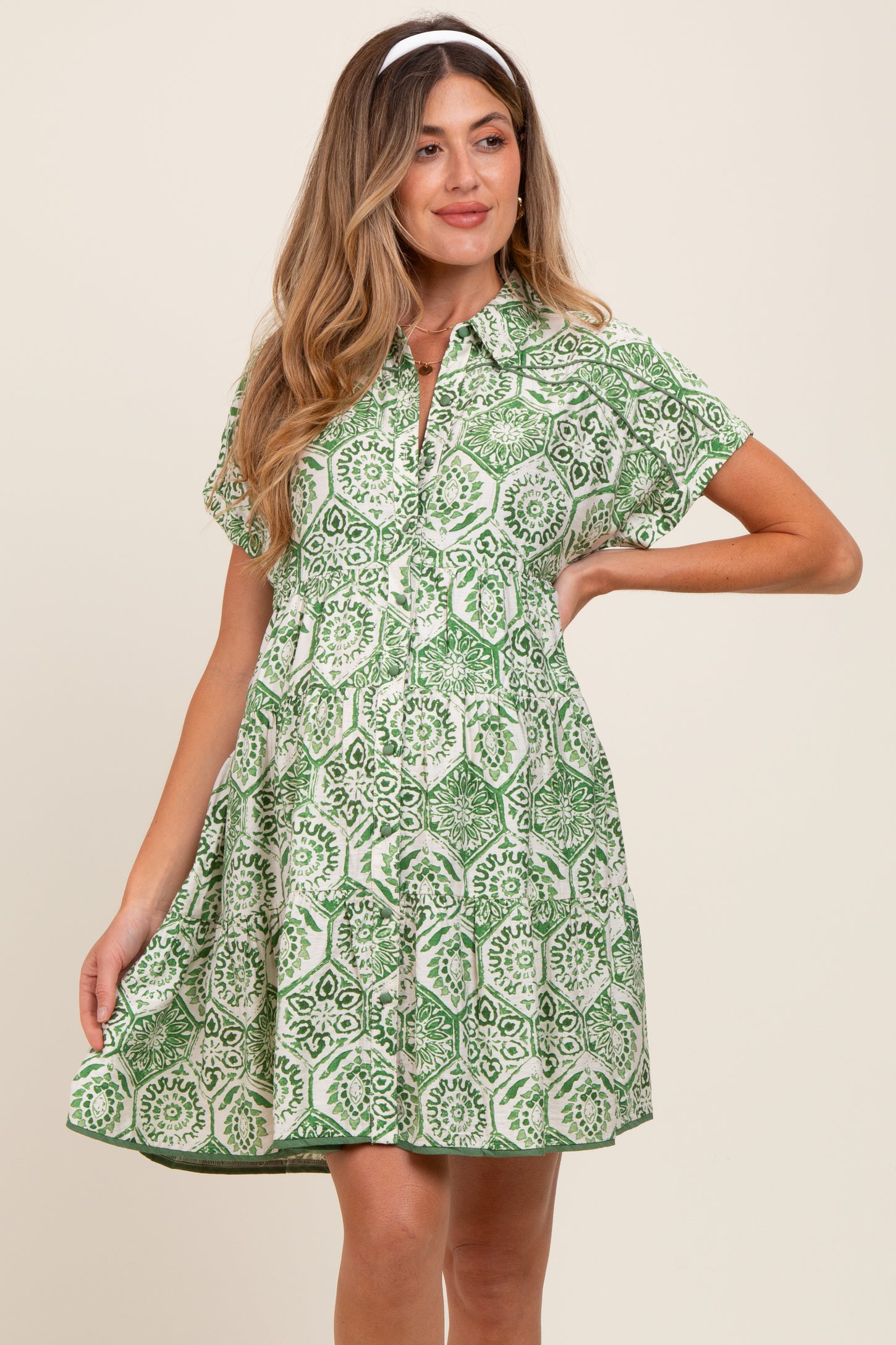 Green Damask Tiered Short Sleeve Maternity Shirt Dress